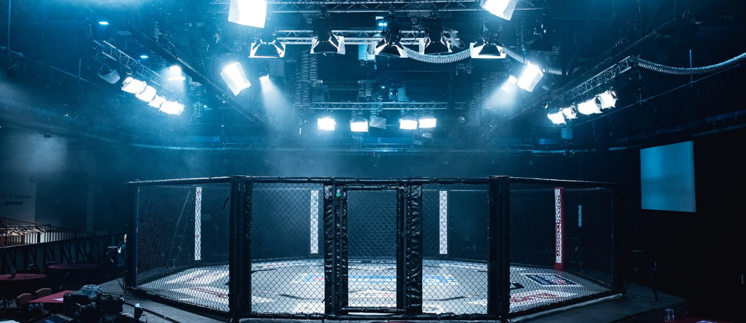 a large room with a black fence